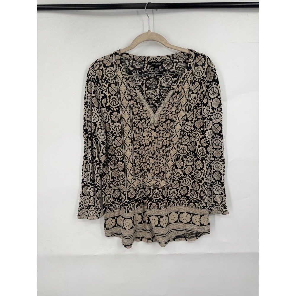 Lucky Brand Women Large Brown Boho Geometric Print Top 3/4 Sleeve Lightweight - Picture 2 of 10